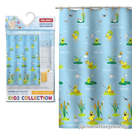 Штора для ванной комнаты KIDS, PEVA, 180*180 см, УТЯТА & ЛЯГУШАТА