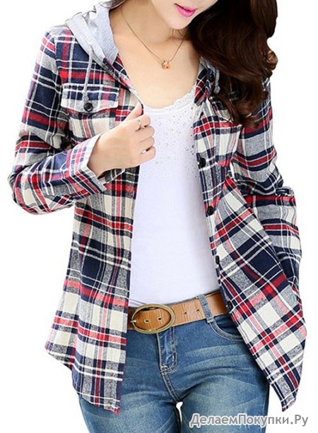 Asher Women Classic Long Sleeves Cotton Hoodie Button-up Plaid Shirts