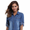 MISS MOLY Women's Long Rolled Sleeves Washed Denim Shirt with Western Pockets