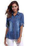 MISS MOLY Women's Long Rolled Sleeves Washed Denim Shirt with Western Pockets