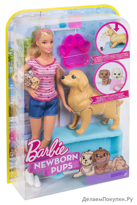 Barbie Newborn Pups Doll & Pets Playset, Blonde