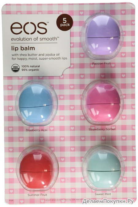 Eos Evolution Of Smooth Lip Balm, Passion Fruit, Blueberry Acai, Strawberry Sorbet, Sumer Fruit, & Sweet Mint, 5 piece