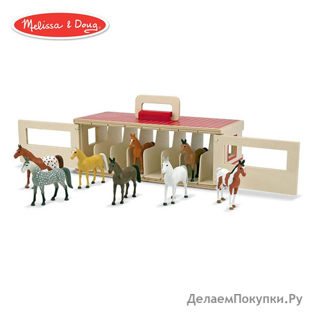 Melissa & Doug Take-Along Show-Horse Stable Play Set (Pretend Play, Encourages Creative Learning, 8 Toy Horses)