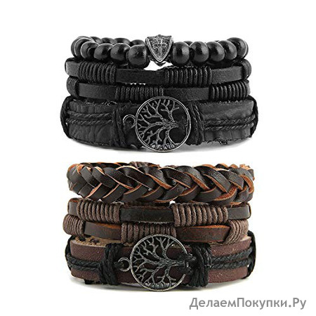 HZMAN Mix 6 Wrap Bracelets Men Women, Hemp Cords Wood Beads Ethnic Tribal Bracelets Leather Wristbands (Tree of life)