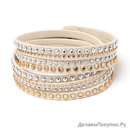 Barzel Beige Leather with Yellow Created Austrian Crystals Wrap Bracelet