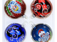 Елочная игрушка шар стеклянная "Новогодняя сказка" д7,5см, ручная художественная роспись, подарочная упаковка, набор 4шт (Россия)