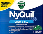 Vicks NyQuil Cough, Cold and Flu Nighttime Relief, 48 LiquiCaps - Sore Throat, Fever, and Congestion Relief
