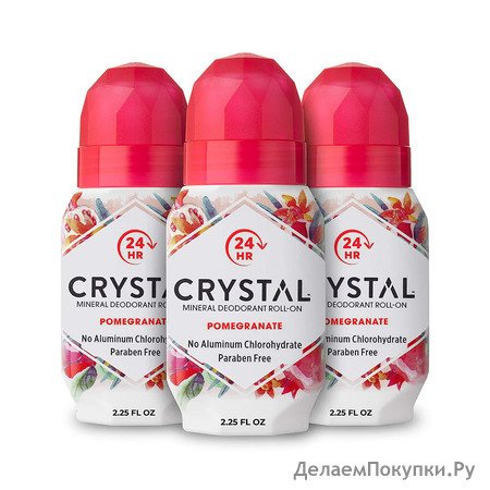 Crystal Mineral Deodorant Roll-On Body Deodorant With 24-Hour Odor Protection, Pomegranate, Non-Sticky Roll-On, Aluminium Chloride, 2.25 FL OZ - 3 pack