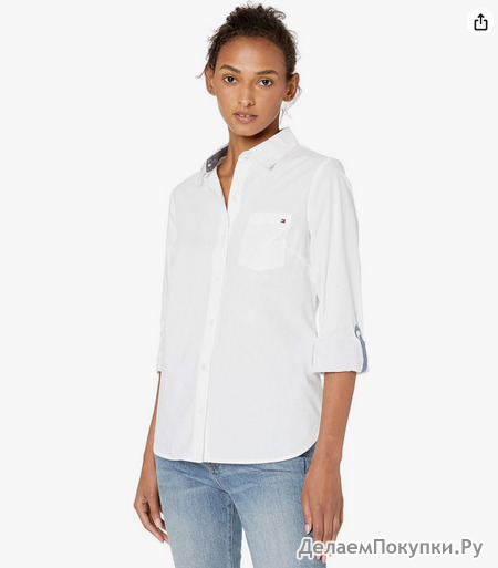 Tommy Hilfiger Women's Solid Button Collared Shirt with Adjustable Sleeves